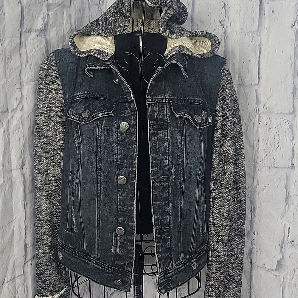 Free People Black Denim Mixed Media Short Hoodie Jacket‎ Small - Picture 2 of 11